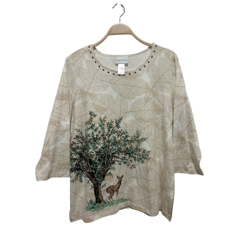 Alfred Dunner Tree Deer Fall Cotton Embroided Metal Grommet Blouse Top Large